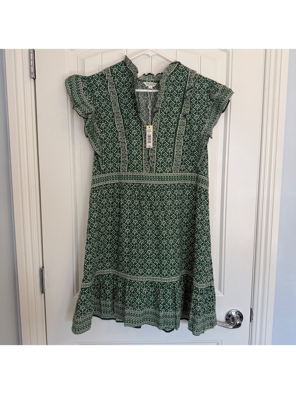 NWT Max Studio London Green Patterned Ruffle Trim Dress Size Large